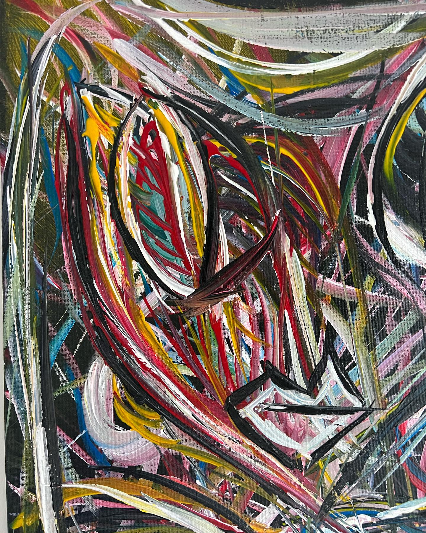 Abstract painting with multicolored brush strokes on a dark background