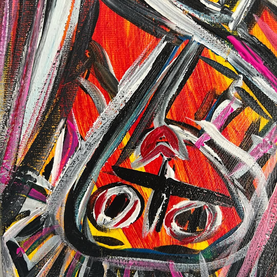 Abstract artwork with bold lines and vibrant colors on a textured background