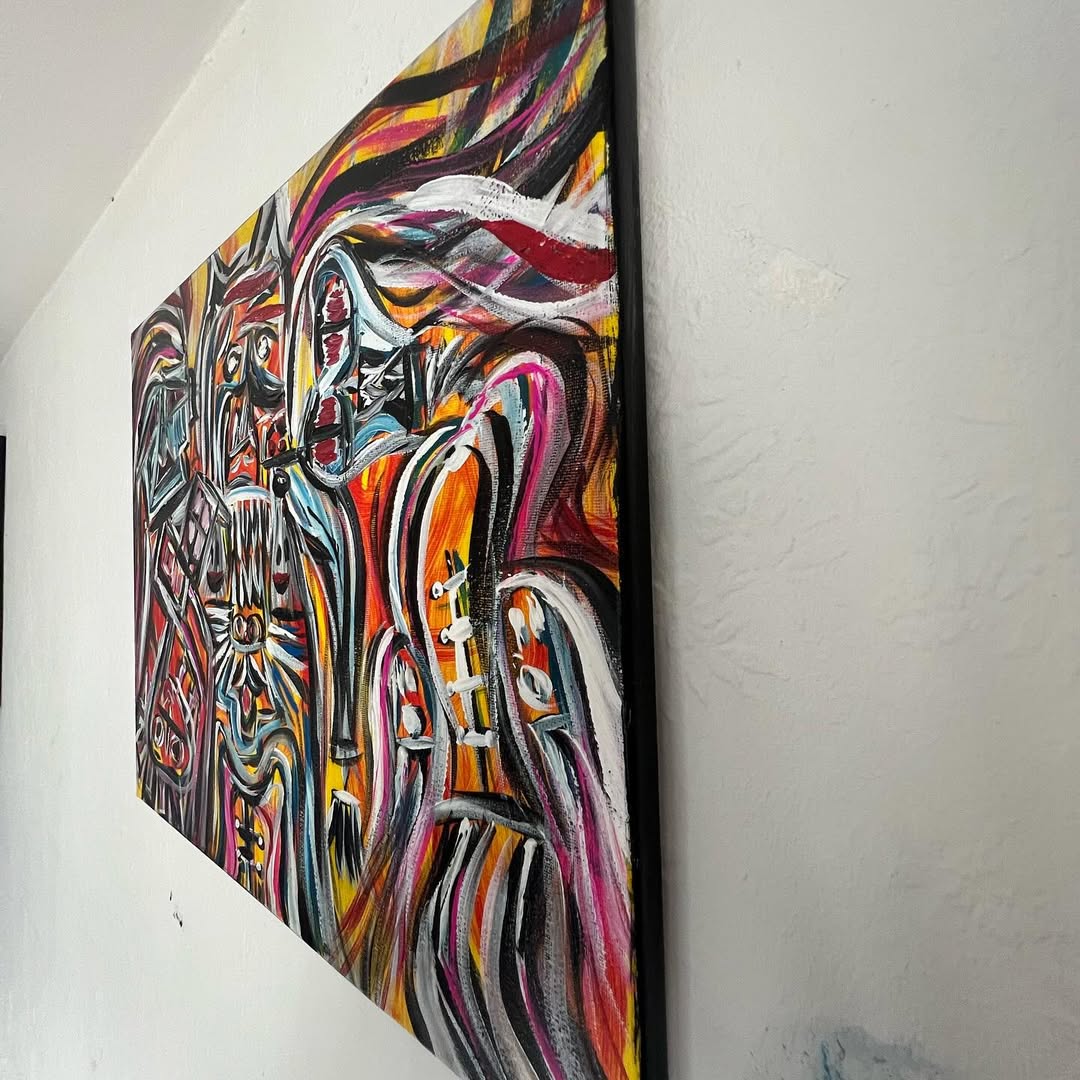 Close-up detail of Ghost House, an Art Brut acrylic painting by Yuri Tarkovski — expressive brushstrokes, abstract forms, and vivid colors.