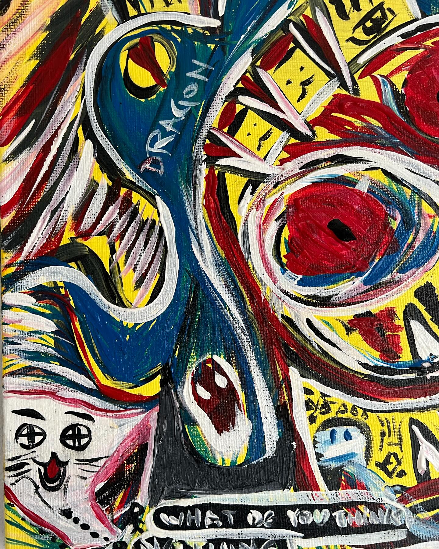 Close-up detail of Inside your Mind, an Art Brut acrylic painting by Yuri Tarkovski — expressive brushstrokes, abstract forms, and vivid colors.
