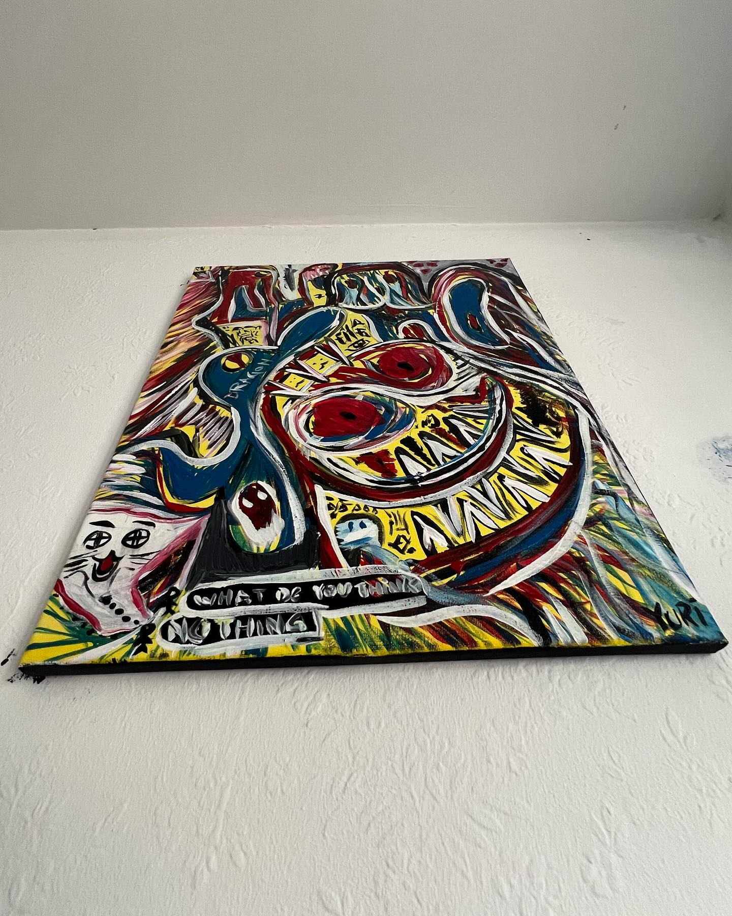 Side view of Inside your Mind, Art Brut acrylic painting by Yuri Tarkovski — vibrant abstract composition with visible canvas texture.