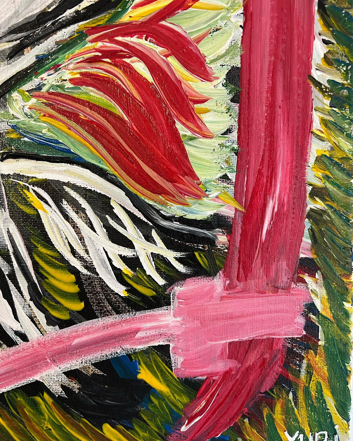 Abstract painting with pink, red, and green brush strokes