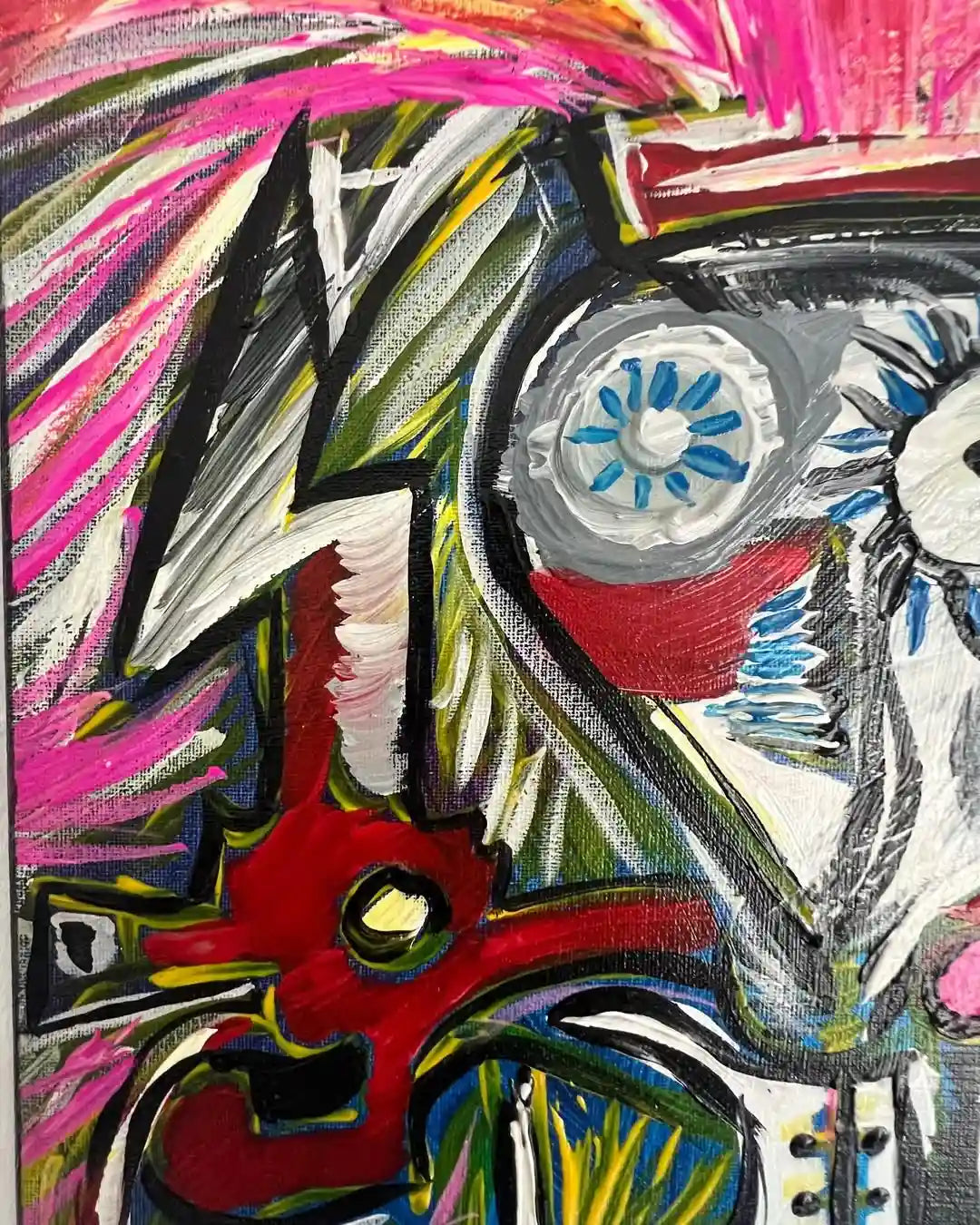 Close-up detail of Symphony of Souls, an Art Brut acrylic painting by Yuri Tarkovski — expressive brushstrokes, abstract forms, and vivid colors.