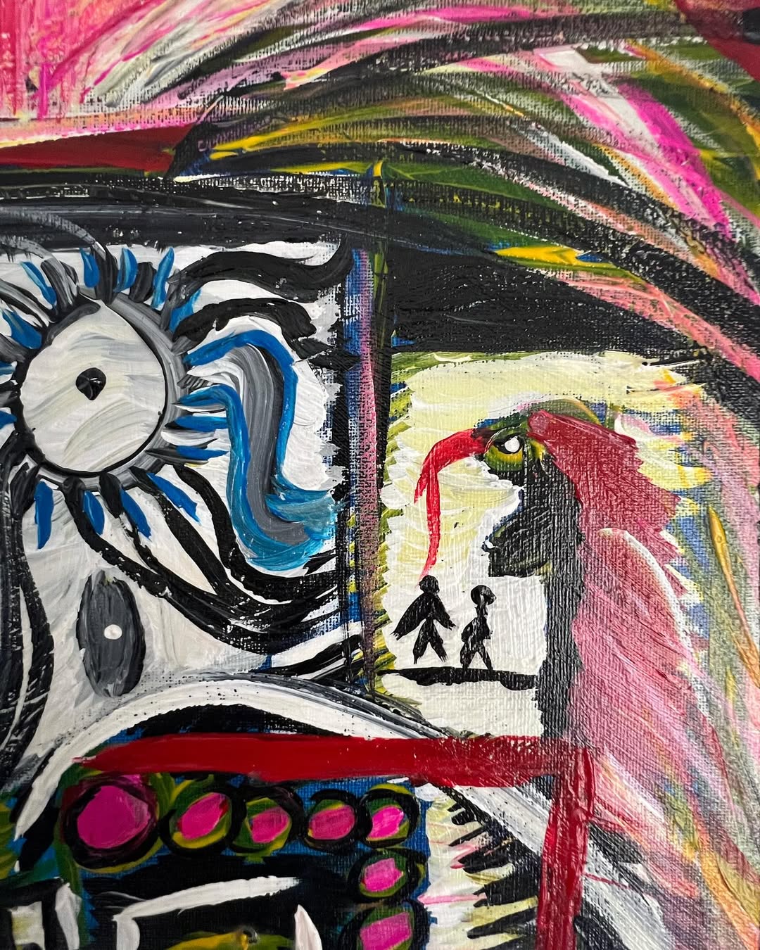 Close-up detail of Symphony of Souls, Art Brut acrylic painting by Yuri Tarkovski — expressive blue and red brushstrokes with abstract figures.