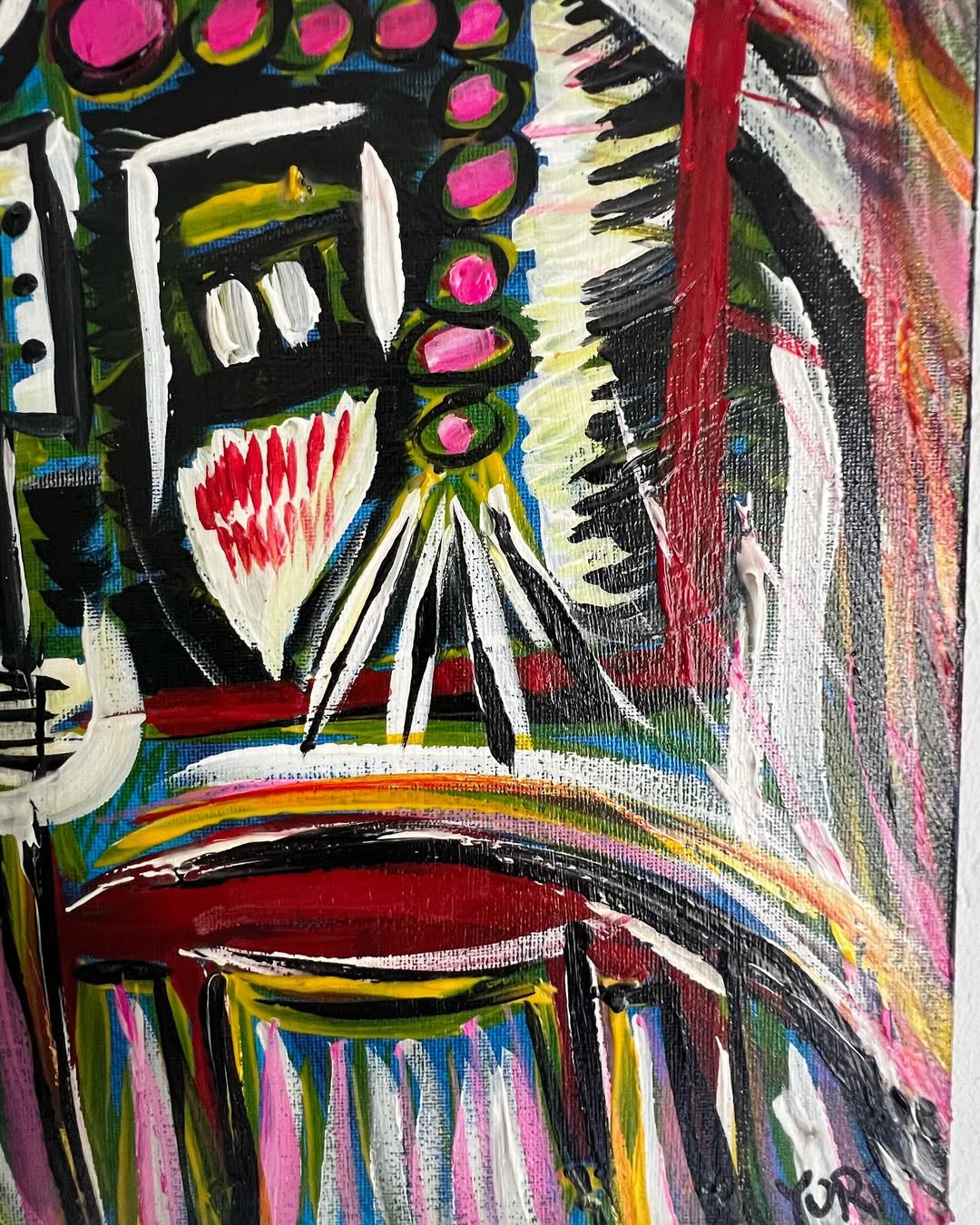Detail of Symphony of Souls, Art Brut acrylic painting by Yuri Tarkovski — bold geometric shapes, vivid pink and red tones, and expressive texture.