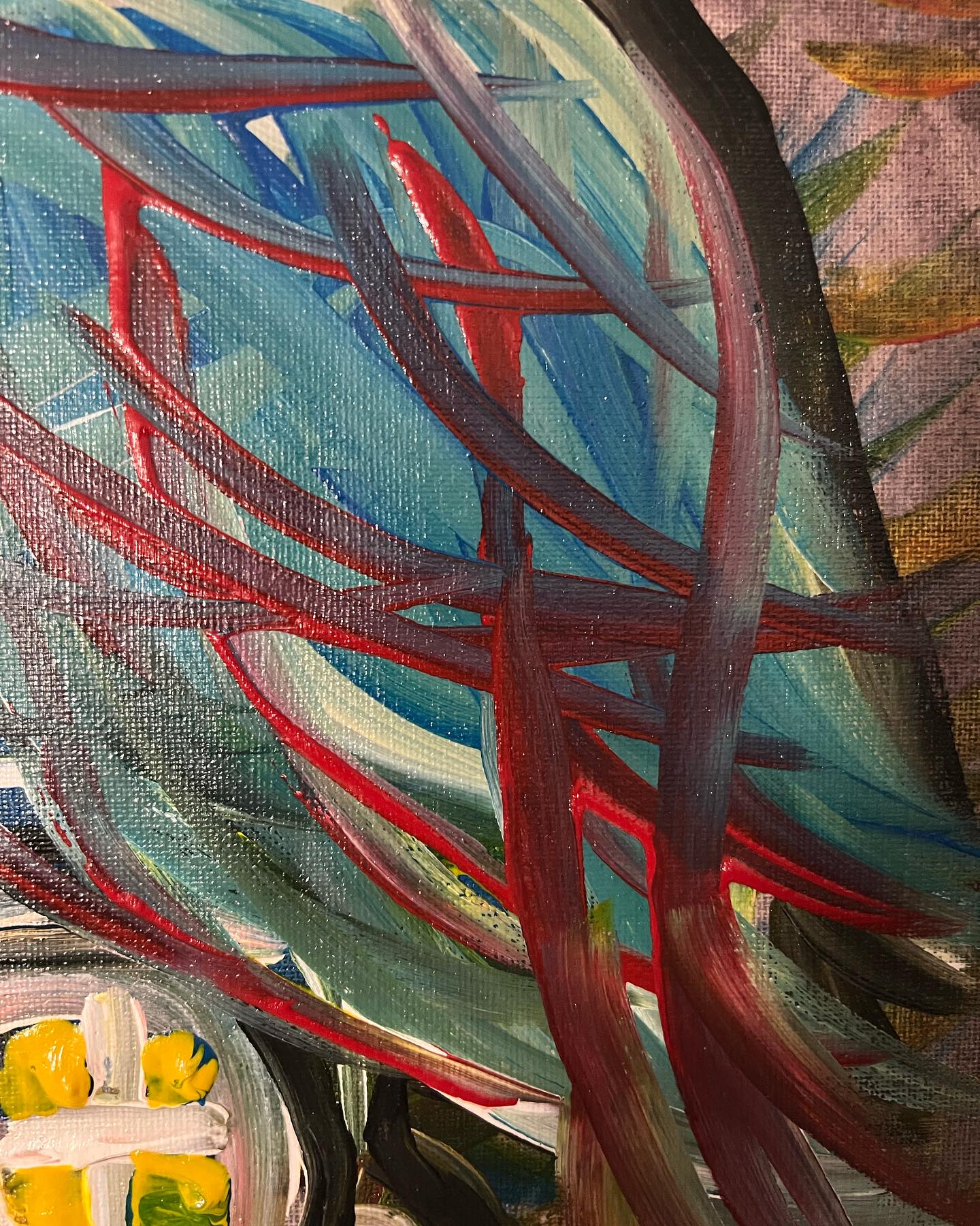 Abstract painting with red, blue, and yellow colors