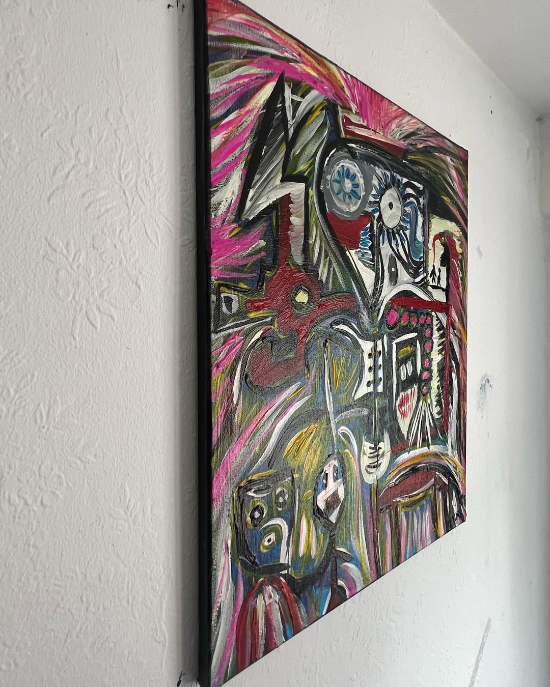 Side view of Symphony of Souls, Art Brut acrylic painting by Yuri Tarkovski — vibrant abstract composition with visible canvas texture.