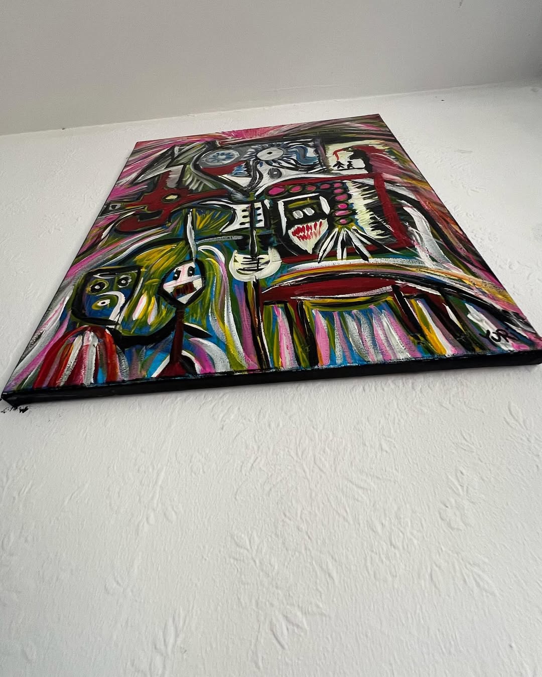 Bottom angle of Symphony of Souls, Art Brut acrylic painting by Yuri Tarkovski showing vivid abstract shapes and textured brushstrokes on canvas.