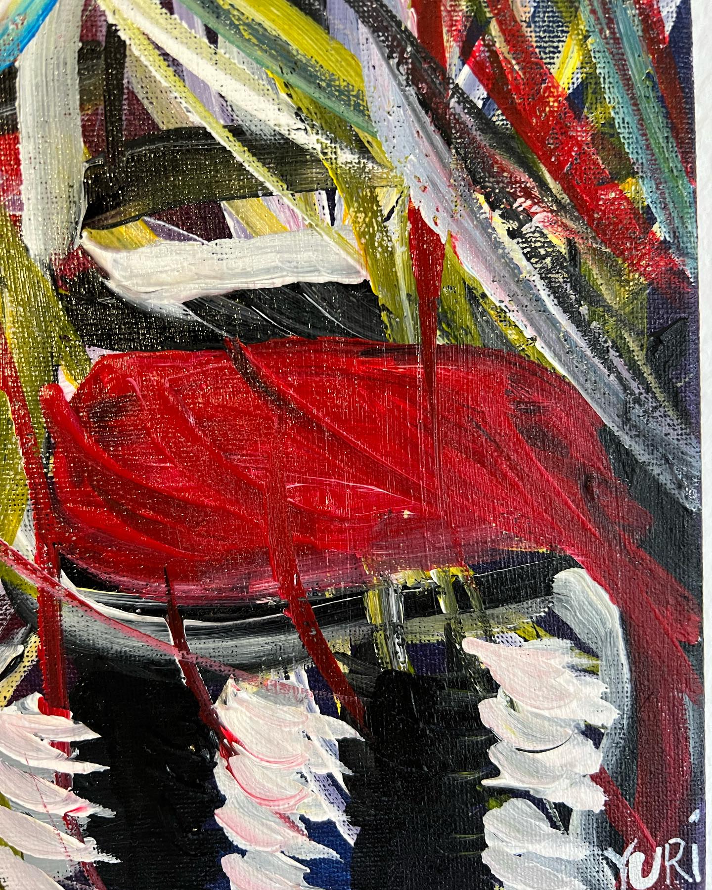 Abstract painting with a prominent red object surrounded by colorful brush strokes