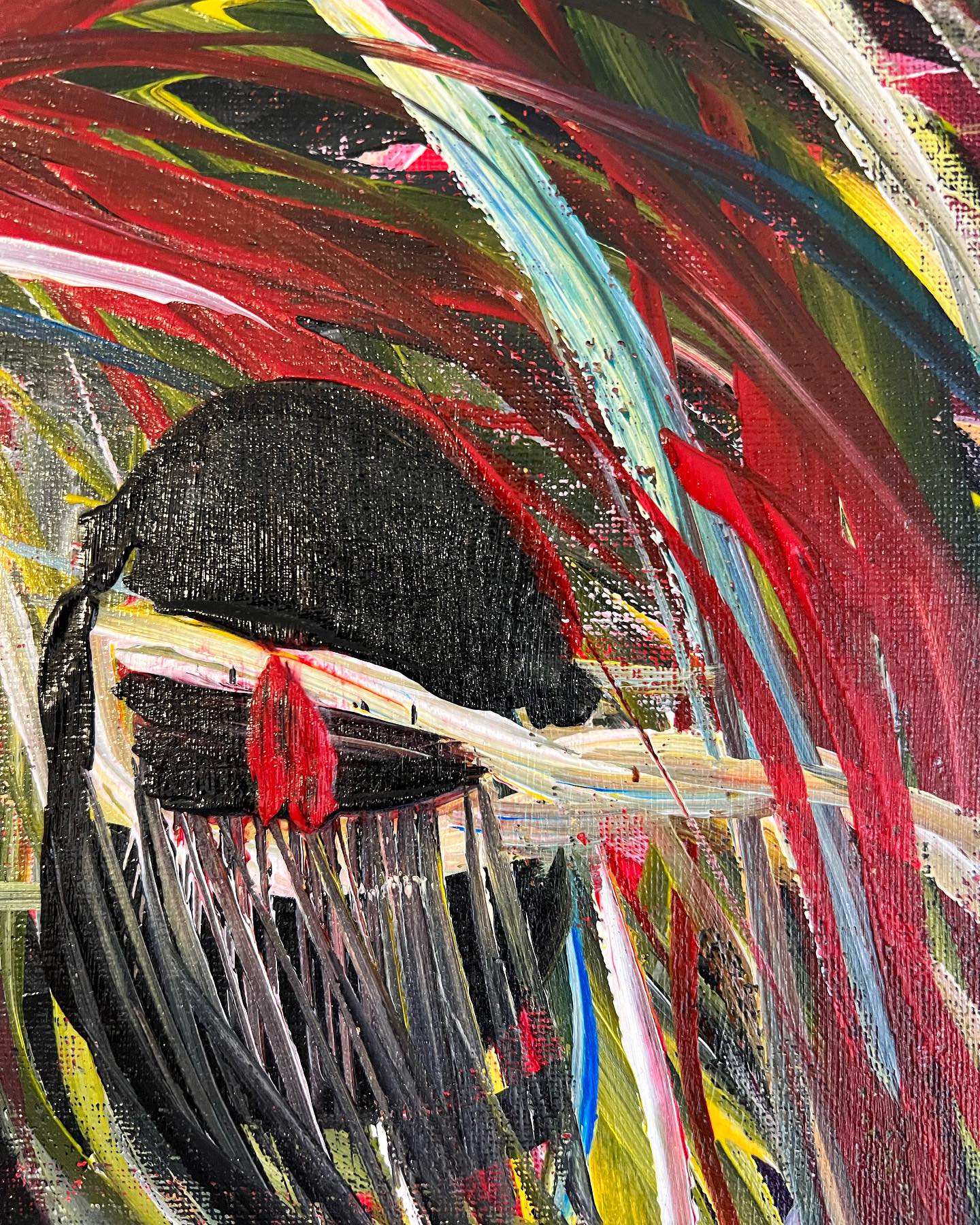 Abstract painting with vibrant colors and a central figure.