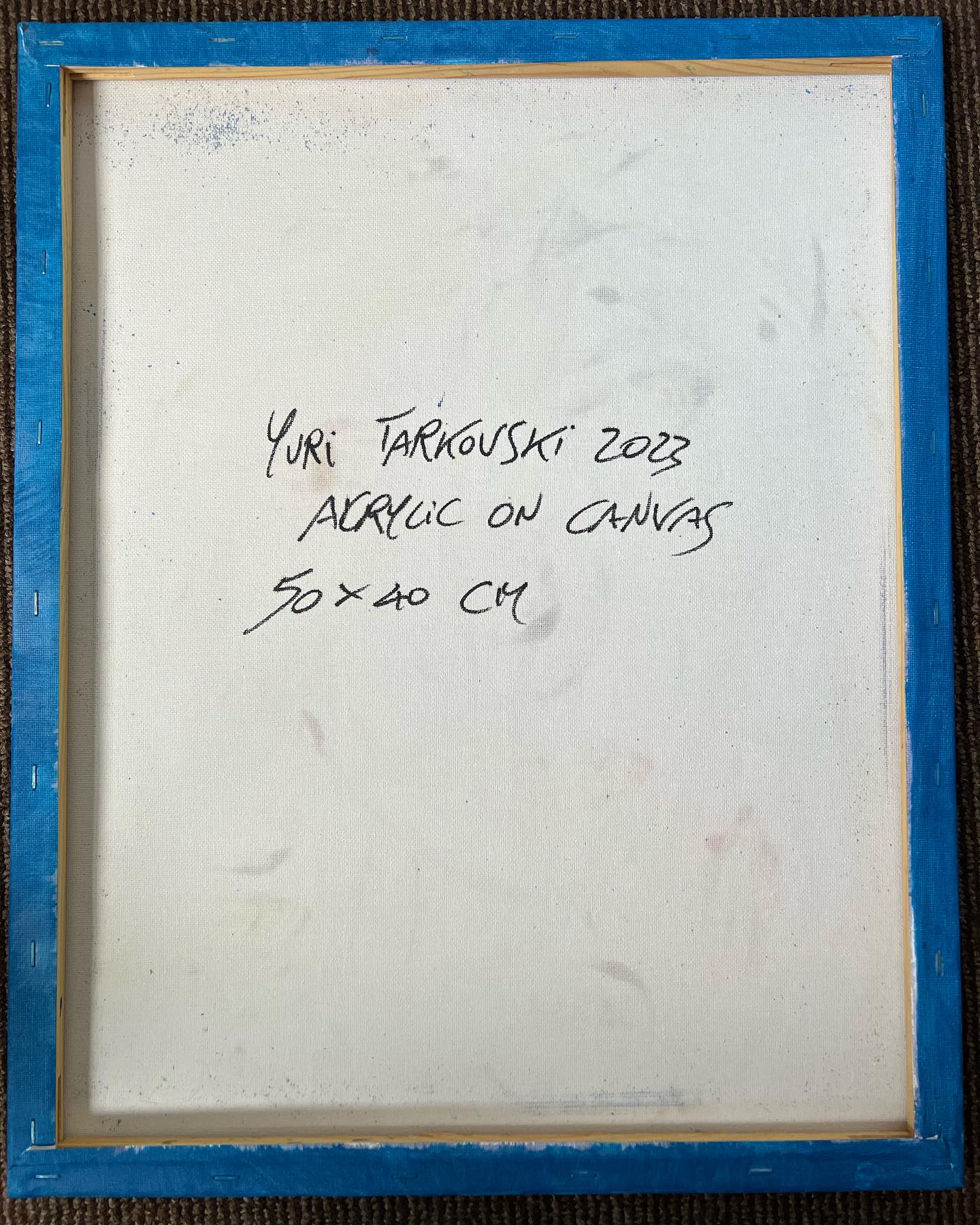 Framed artwork with signature and dimensions on a white background