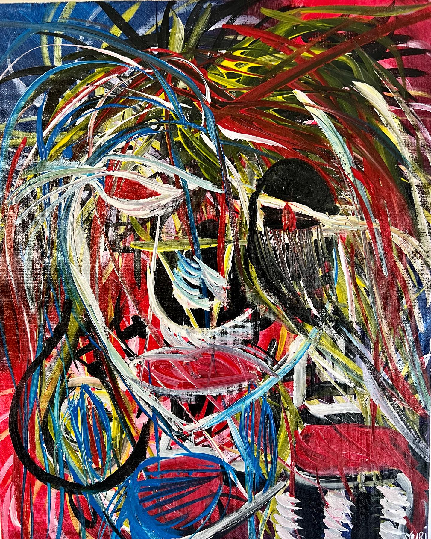 Abstract artwork with colorful brush strokes on a red background