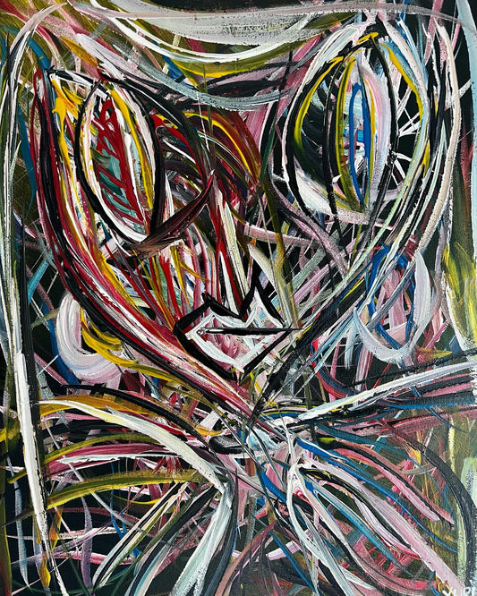 Abstract painting with colorful brush strokes on a dark background