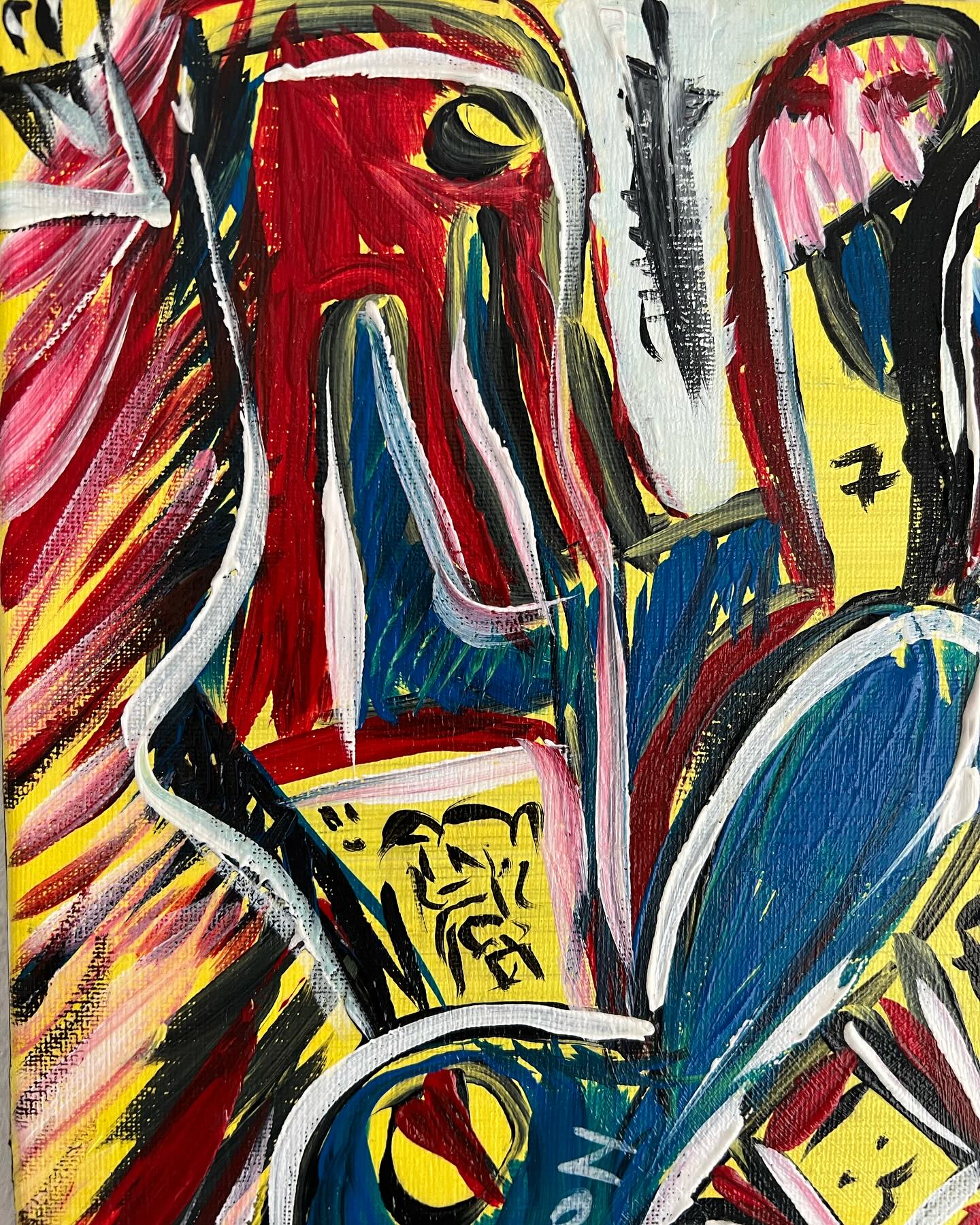 Close-up detail of Inside your Mind, an Art Brut acrylic painting by Yuri Tarkovski — expressive brushstrokes, abstract forms, and vivid colors.