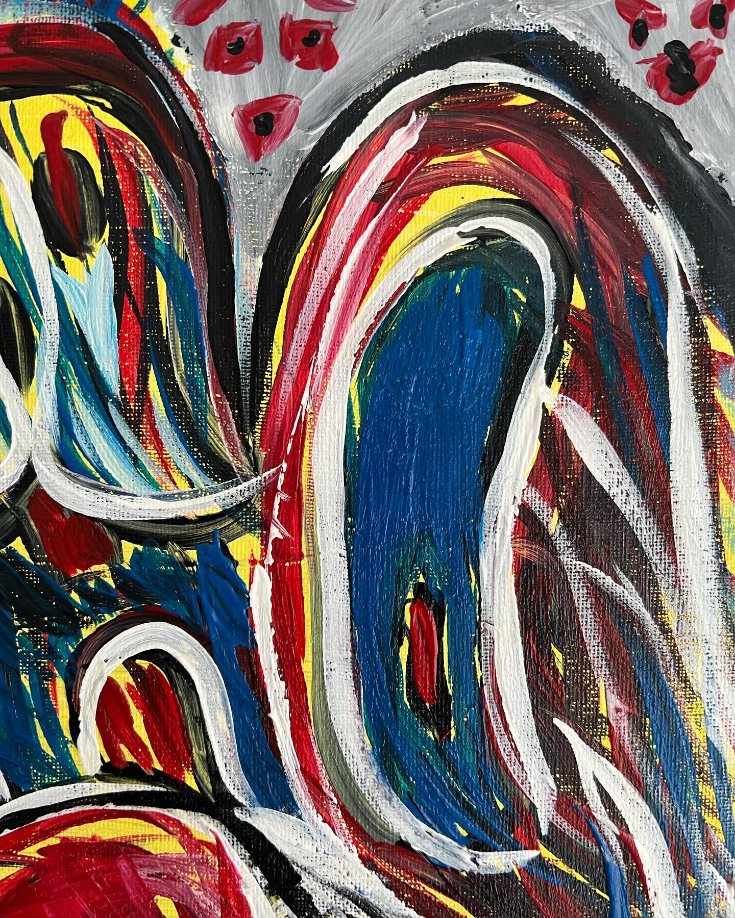 Close-up detail of Inside your Mind, an Art Brut acrylic painting by Yuri Tarkovski — expressive brushstrokes, abstract forms, and vivid colors.