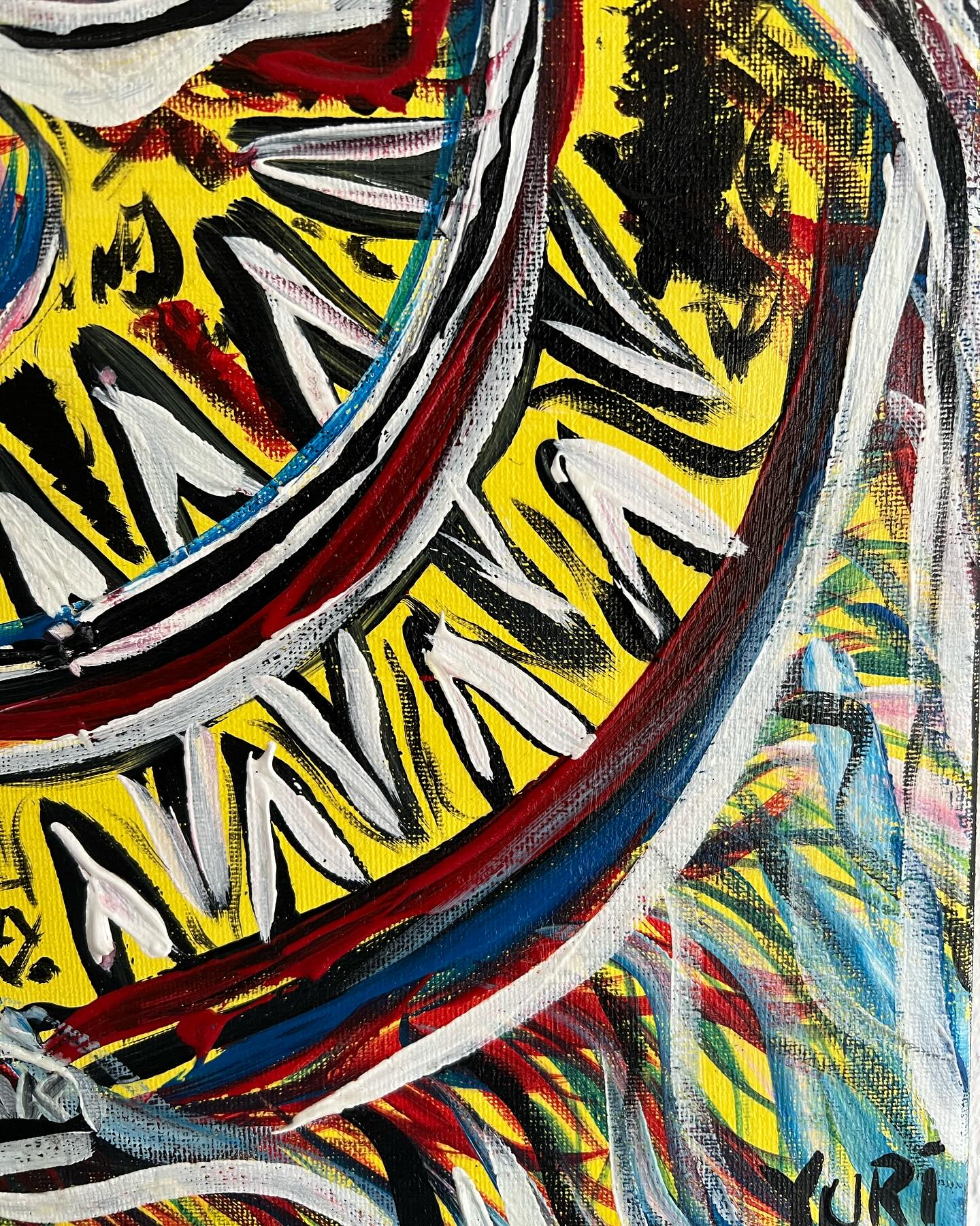 Close-up detail of Inside your Mind, an Art Brut acrylic painting by Yuri Tarkovski — expressive brushstrokes, abstract forms, and vivid colors.