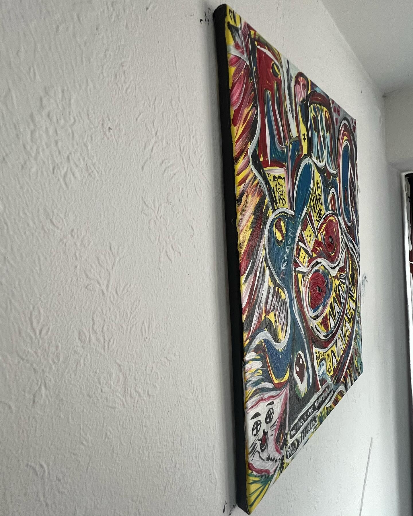 Side view of Inside your Mind, Art Brut acrylic painting by Yuri Tarkovski — vibrant abstract composition with visible canvas texture.
