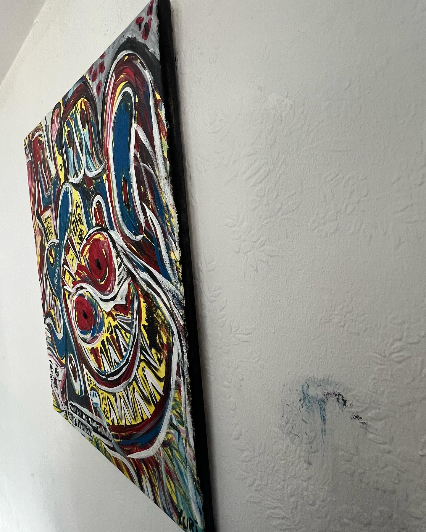 Side view of Inside your Mind, Art Brut acrylic painting by Yuri Tarkovski — vibrant abstract composition with visible canvas texture.

