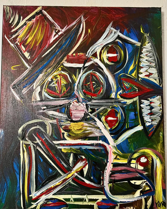 Abstract painting with bold colors and geometric shapes