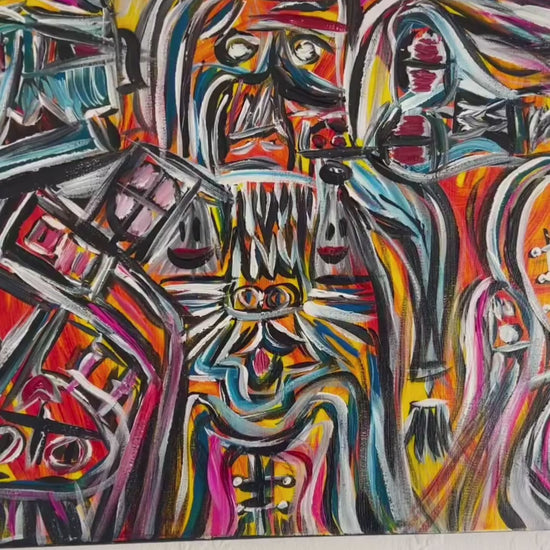 Video of the original Art Brut painting “Inside Your Mind” by Yuri Tarkovski, acrylic on canvas (40×50 cm). The camera pans across the textured surface, showing layered faces, vibrant colors, and expressive brushstrokes characteristic of Outsider Art.