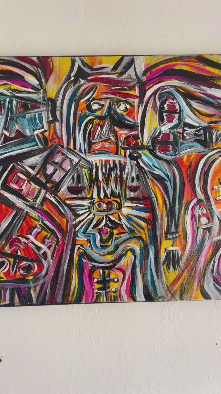 Video of the original Art Brut painting “Inside Your Mind” by Yuri Tarkovski, acrylic on canvas (40×50 cm). The camera pans across the textured surface, showing layered faces, vibrant colors, and expressive brushstrokes characteristic of Outsider Art.