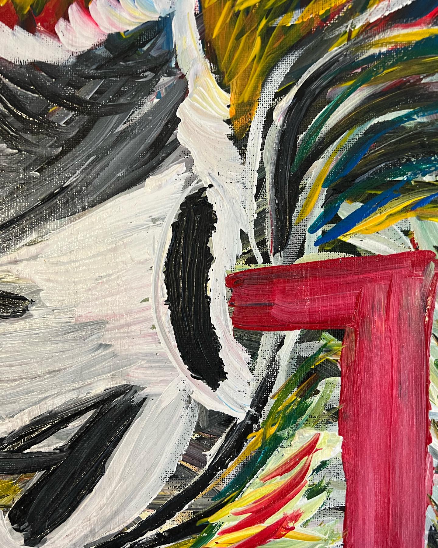 Abstract painting with bold strokes of red, black, yellow, and white.