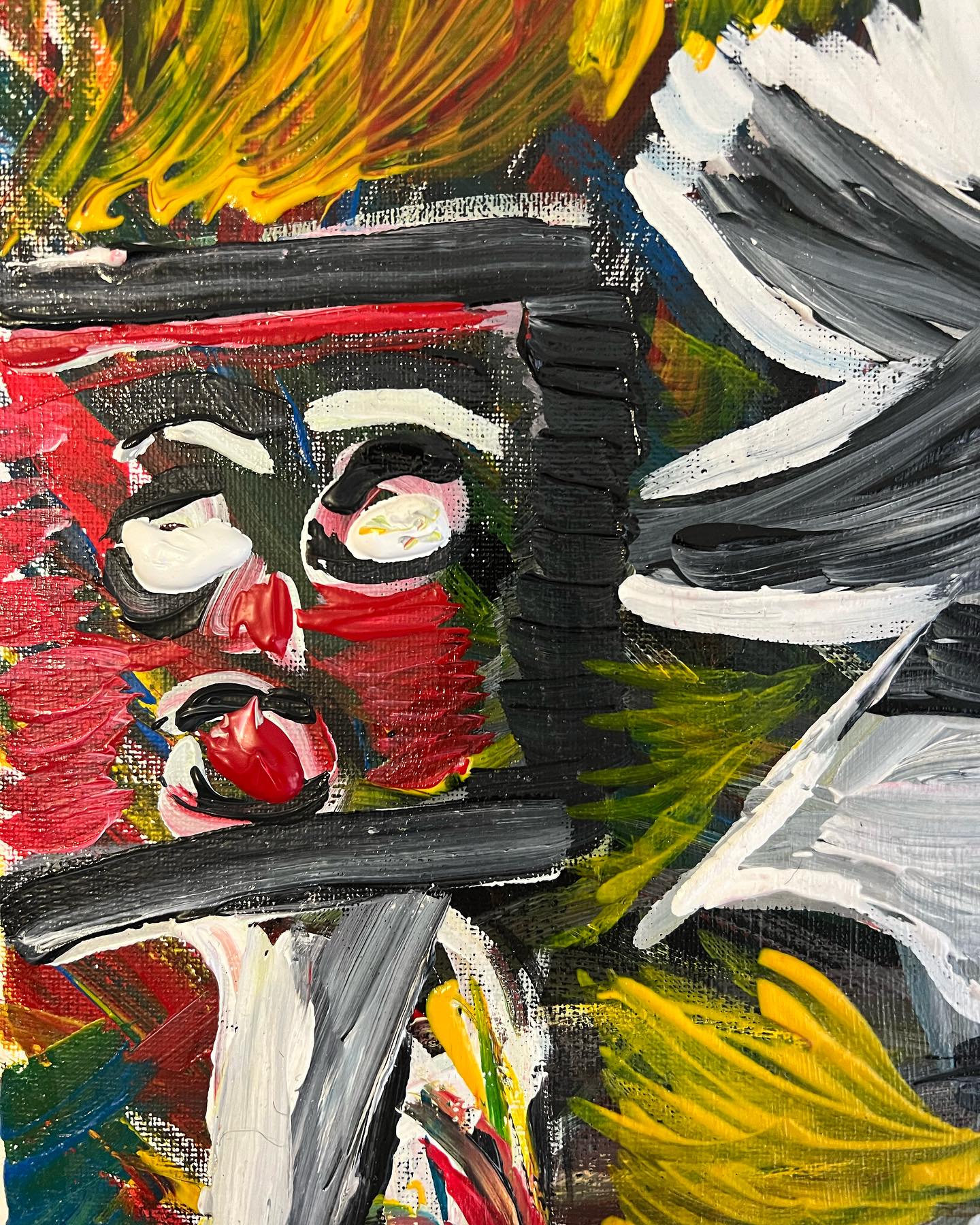 Abstract painting with a focus on a black archway and colorful elements.