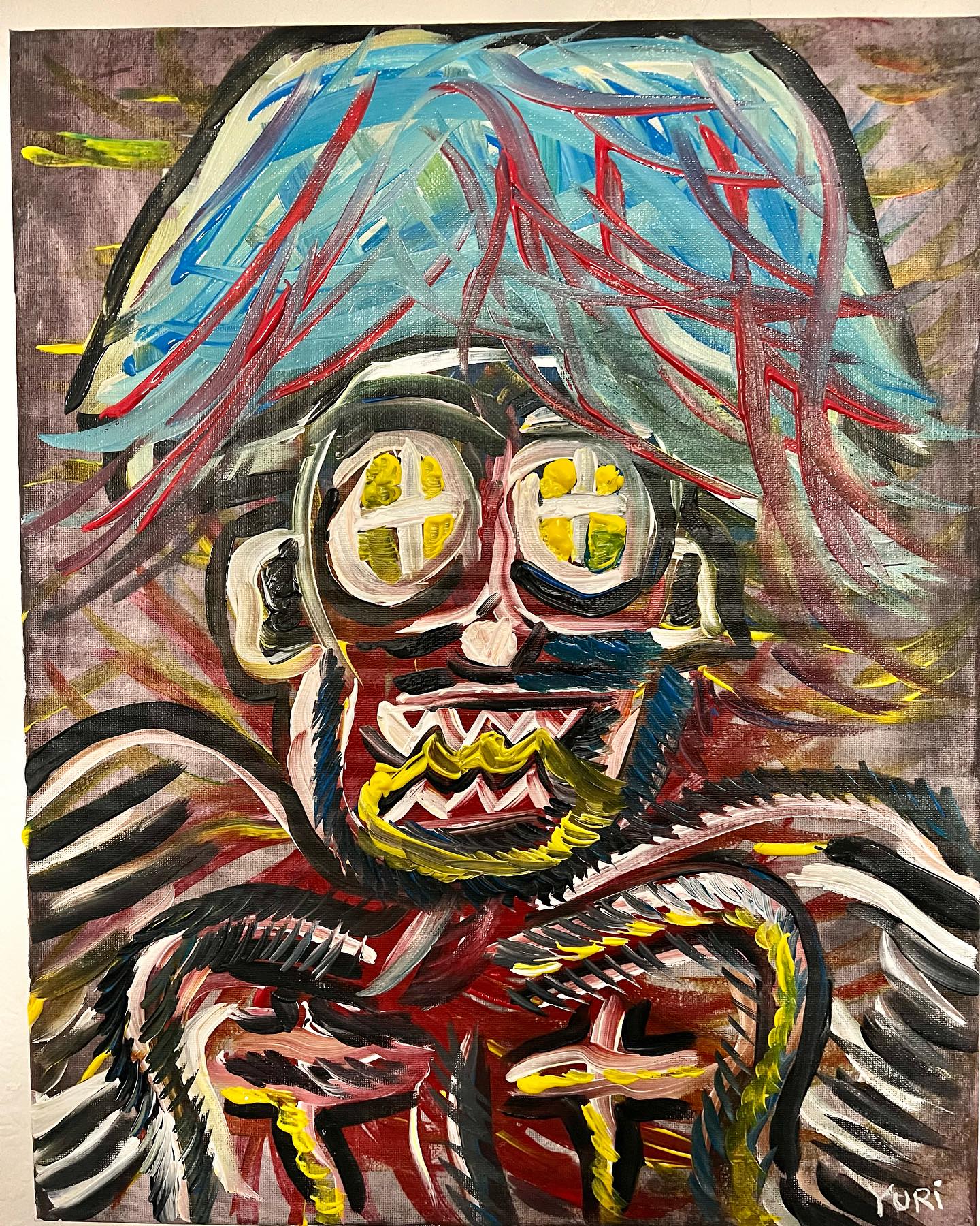 Colorful abstract painting of a creature with large eyes and a mouth, signed 'Yuri'.