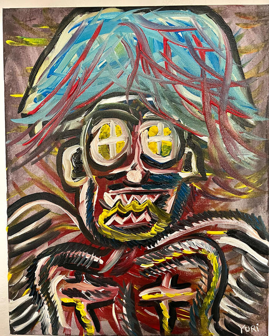 Colorful abstract painting of a creature with large eyes and a mouth, signed 'Yuri'.
