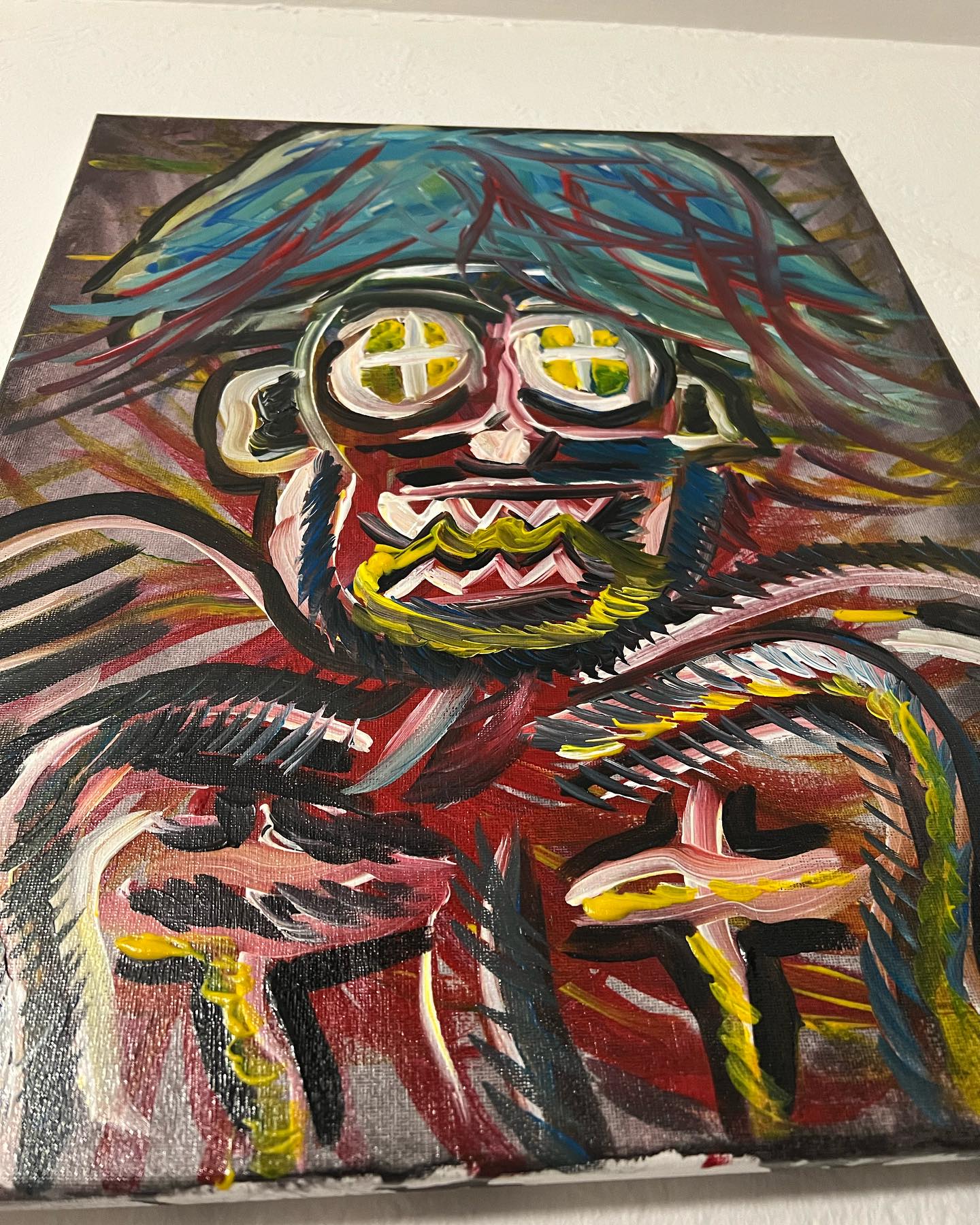 Abstract painting of a creature with goggles on a textured surface