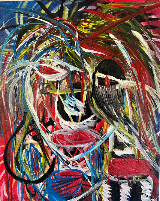 Abstract artwork with colorful brush strokes on a red background