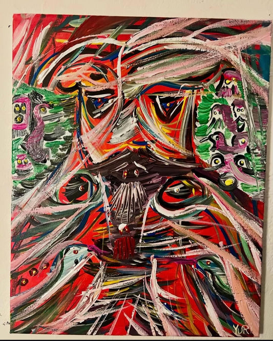 Wispers of Chaos, Art Brut original painting by Yuri Tarkovski, acrylic on canvas 40×50 cm, vibrant abstract forms.